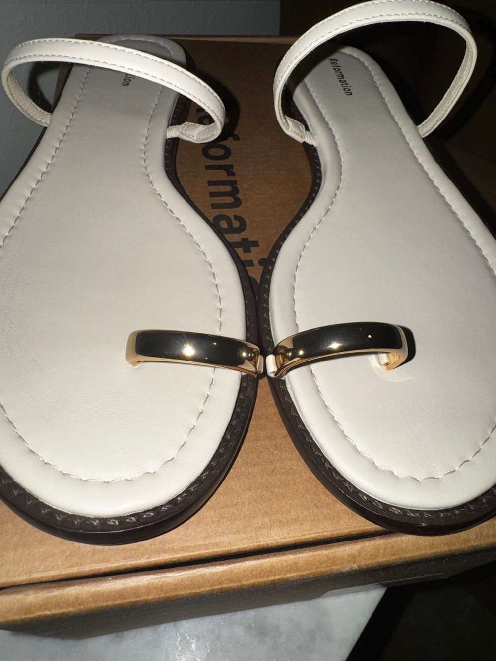 Reformation White T-Strap Sandals with Gold Accent